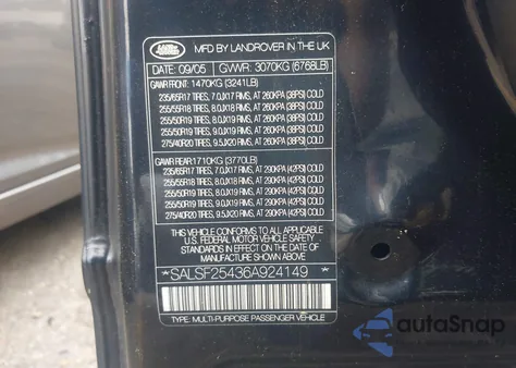 2006 Land Rover Range Rover Sport Hse z USA, uszkodzony, nr VIN SALSF25436A924149